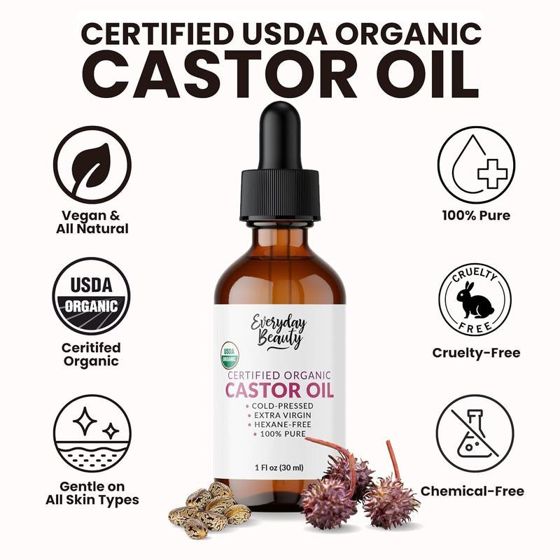 Transform Your Beauty Routine with Everyday Beauty's 100% Pure Organic Castor Oil - Cold Pressed & Hexane-Free for Luscious Hair, Lush Eyelashes, and Radiant Skin - 1 Oz Glass Bottle with Dropper