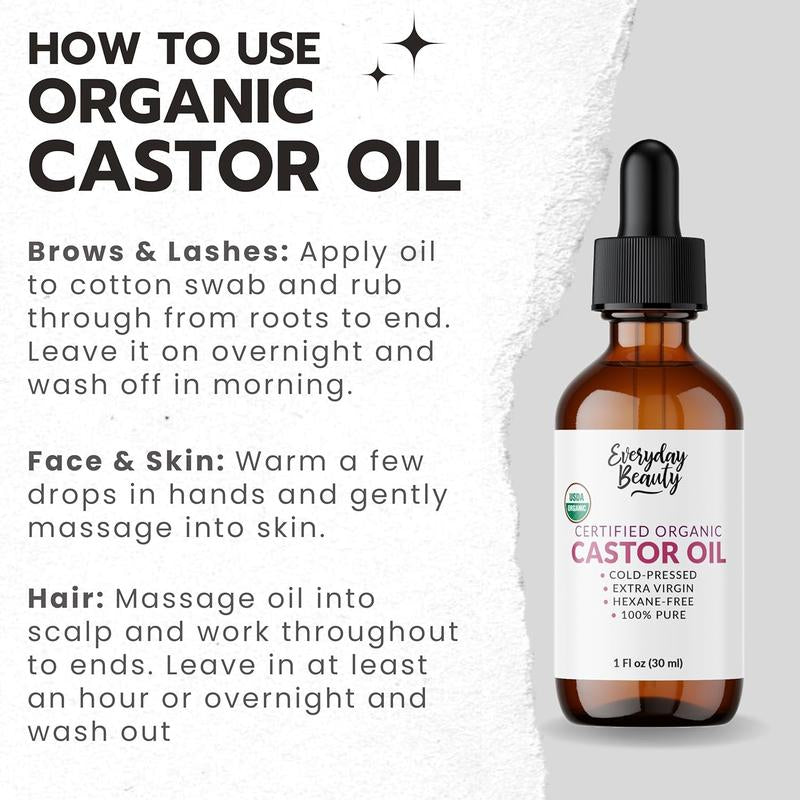 Transform Your Beauty Routine with Everyday Beauty's 100% Pure Organic Castor Oil - Cold Pressed & Hexane-Free for Luscious Hair, Lush Eyelashes, and Radiant Skin - 1 Oz Glass Bottle with Dropper