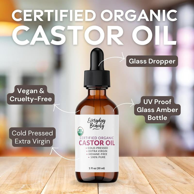 Transform Your Beauty Routine with Everyday Beauty's 100% Pure Organic Castor Oil - Cold Pressed & Hexane-Free for Luscious Hair, Lush Eyelashes, and Radiant Skin - 1 Oz Glass Bottle with Dropper