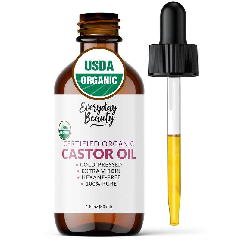 Transform Your Beauty Routine with Everyday Beauty's 100% Pure Organic Castor Oil - Cold Pressed & Hexane-Free for Luscious Hair, Lush Eyelashes, and Radiant Skin - 1 Oz Glass Bottle with Dropper